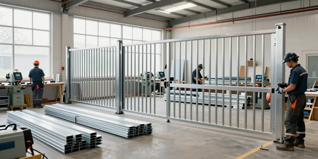 Al taher carpentry and aluminium workshop with craftsmen working on metal gates and structures.