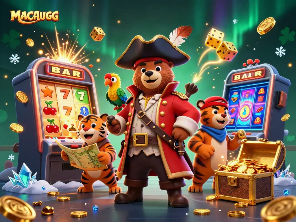 Experience the thrill of macaugg with this vibrant 3D illustration featuring a pirate bear and casino elements.