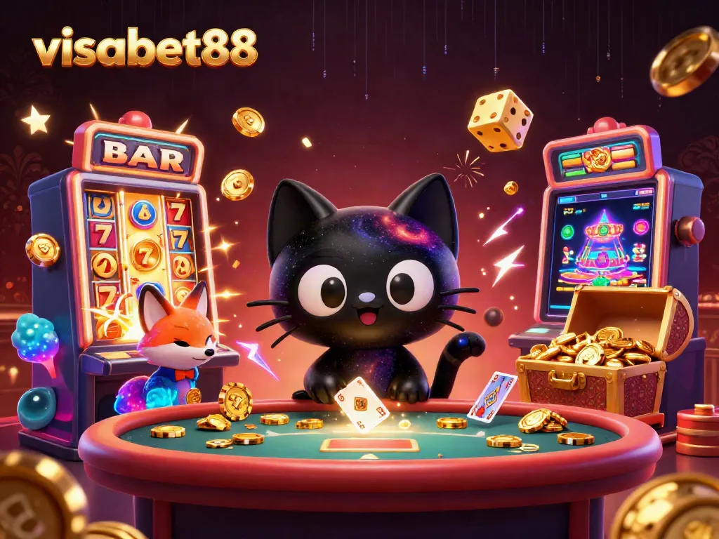Engage with visabet88 in a vibrant cosmic casino scene featuring a black hole cat and nebula fox.