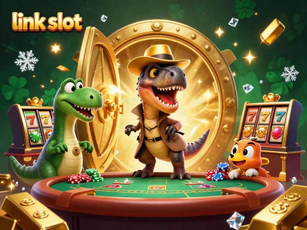 Engage with the thrilling link slot experience featuring dynamic cartoon scenes with characters at a blackjack table.