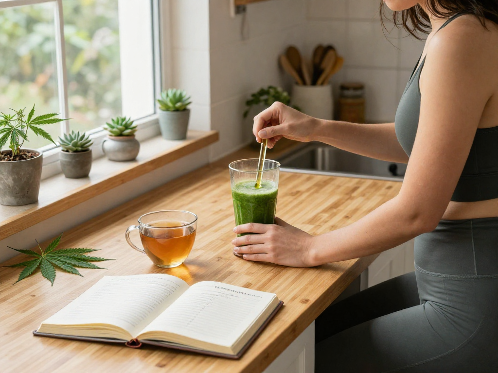 Buy pre-rolls online surrounded by CBD wellness products like tinctures and natural herbs in a serene kitchen setting.