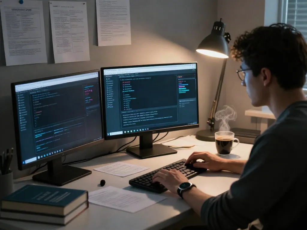 Dark web research scene with specialist analyzing hidden wiki data at illuminated desk.
