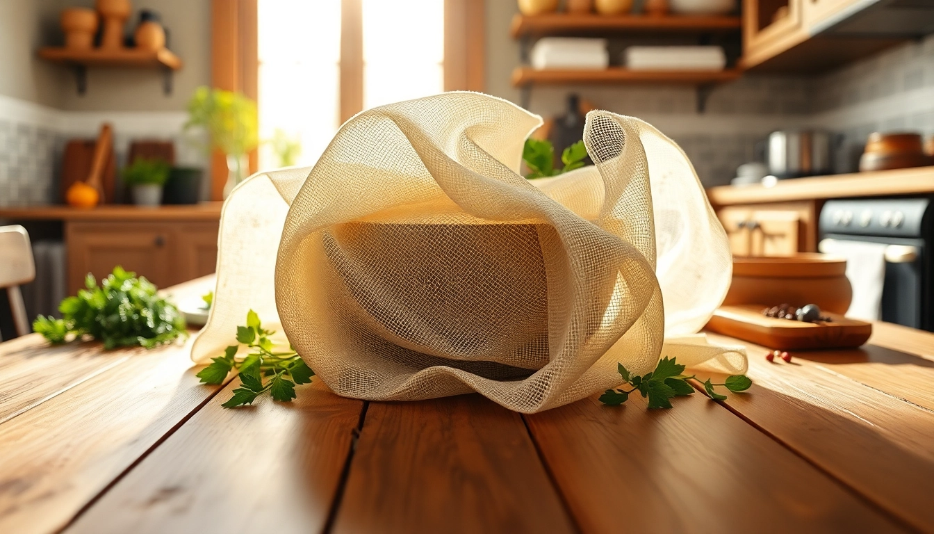 Gebruik van kaasdoek voor het maken van verse kaas in een zonnige keuken.