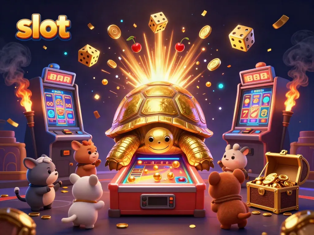 Spin the slot reels with the vibrant golden tortoise and joyful characters in a casino setting.