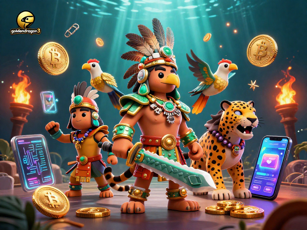 Play and win big with goldendragon3's vibrant 3D slot game illustration featuring warriors and crypto elements.