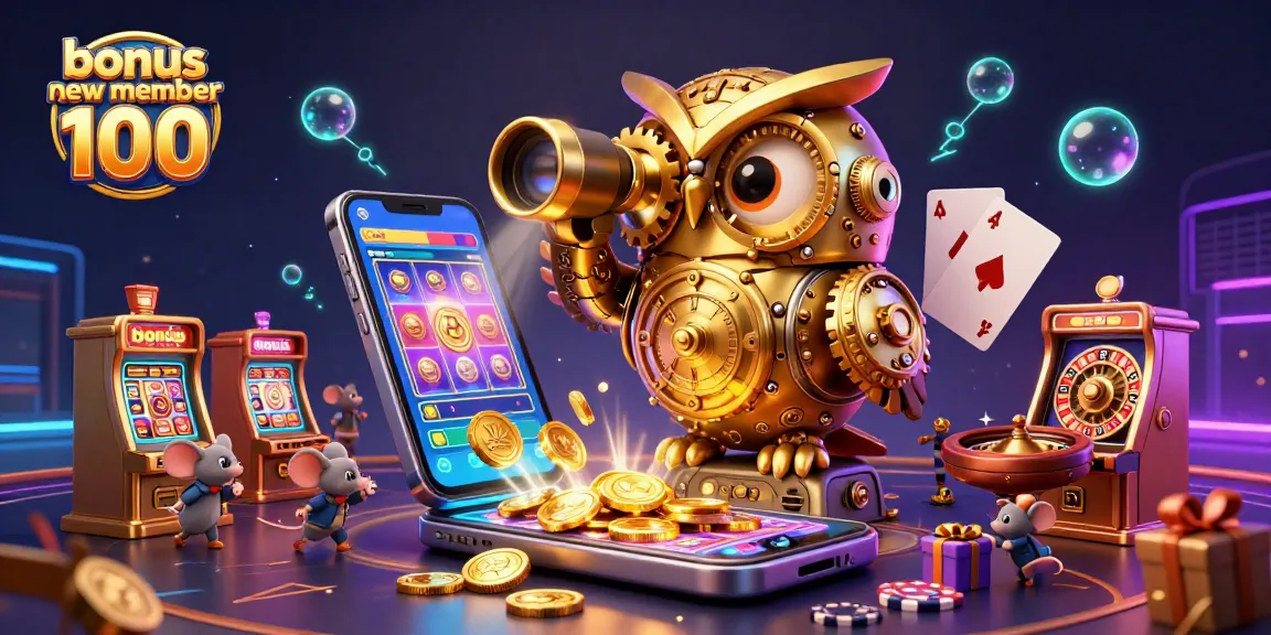 Win big with our bonus new member 100 offer featuring a golden owl and vibrant slot game scene.