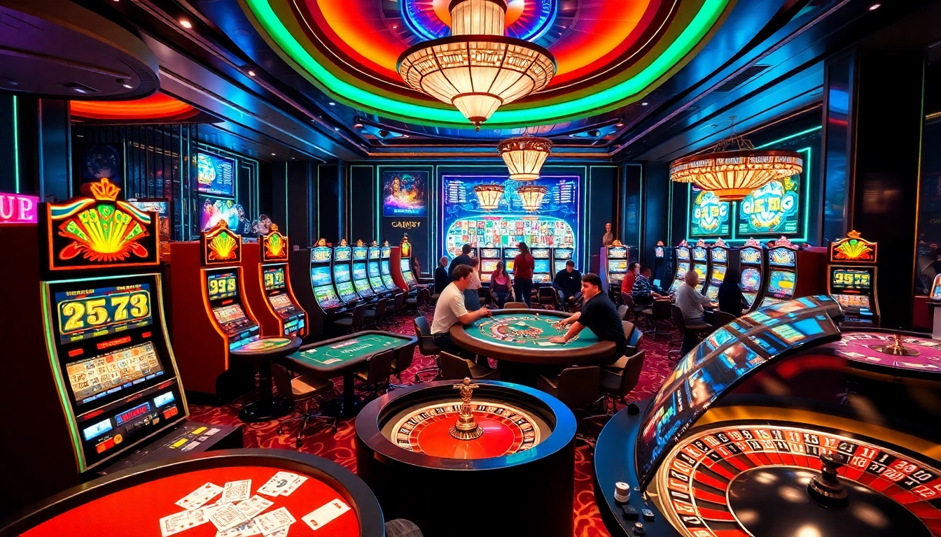 Sebuah kasino yang hidup dengan para pemain yang menikmati mesin slot dan meja poker, menangkap esensi gaya fotografi jmacdonaldphoto.com.