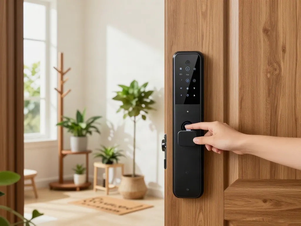 خرید قفل هوشمند showcased in a modern home entryway with stylish decor and a user interacting with a smart lock.