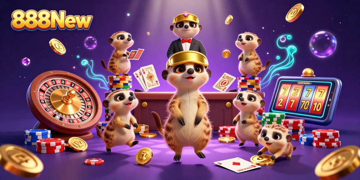 Engage with 888New's rich casino experience featuring animated meerkats and vibrant gaming elements.
