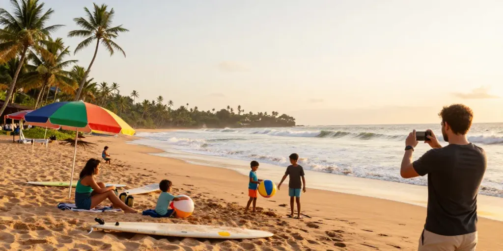 Sri Lanka holiday packages from Delhi family enjoying beach activities during golden hour