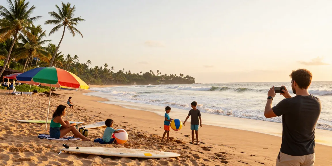 Sri Lanka holiday packages from Delhi family enjoying beach activities during golden hour