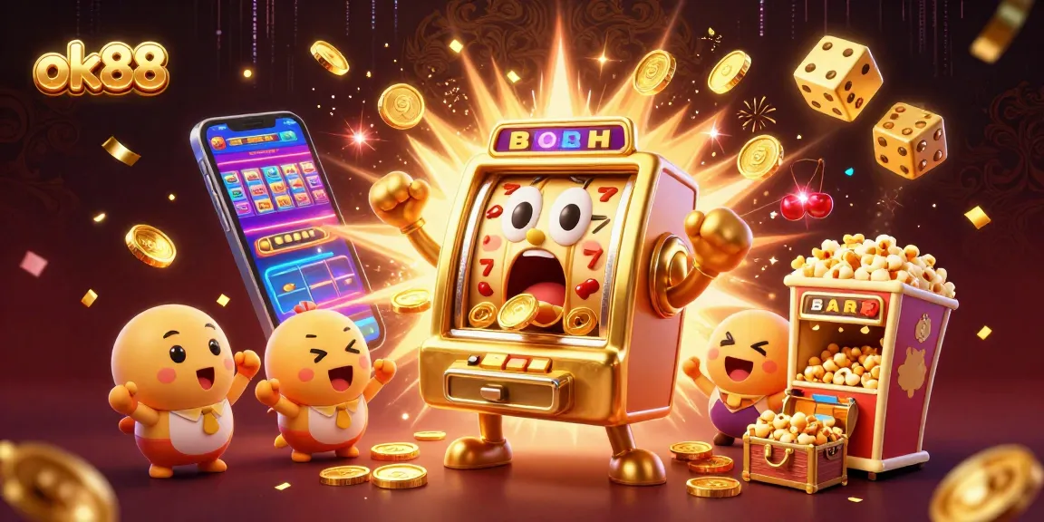 Experience thrilling wins with ok88 as a golden slot machine hits a jackpot surrounded by cheering friends.