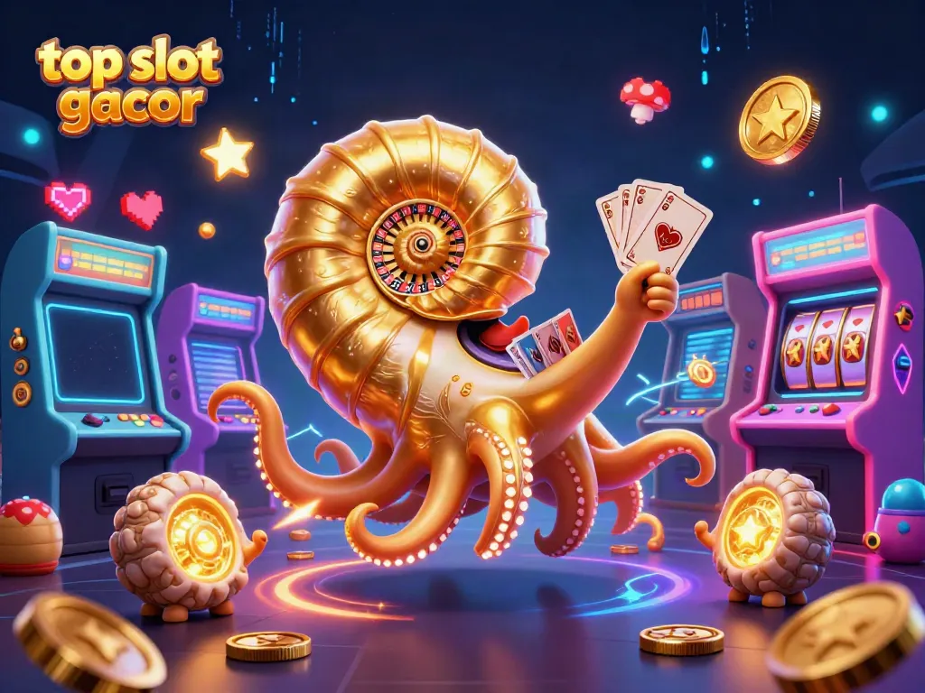 Visualisasi top slot gacor dengan nautilus kuno dan mesin permainan cerah, untuk pengalaman bermain yang menarik.