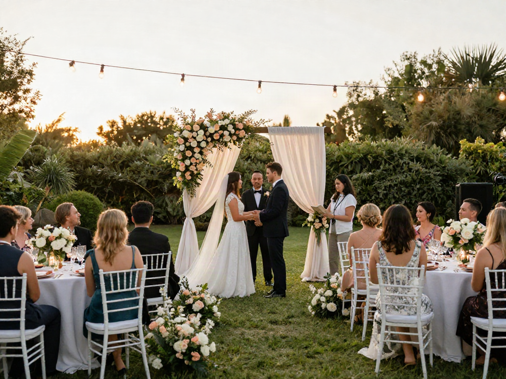 Stunning outdoor wedding with event rentals, beautiful floral arch at sunset.