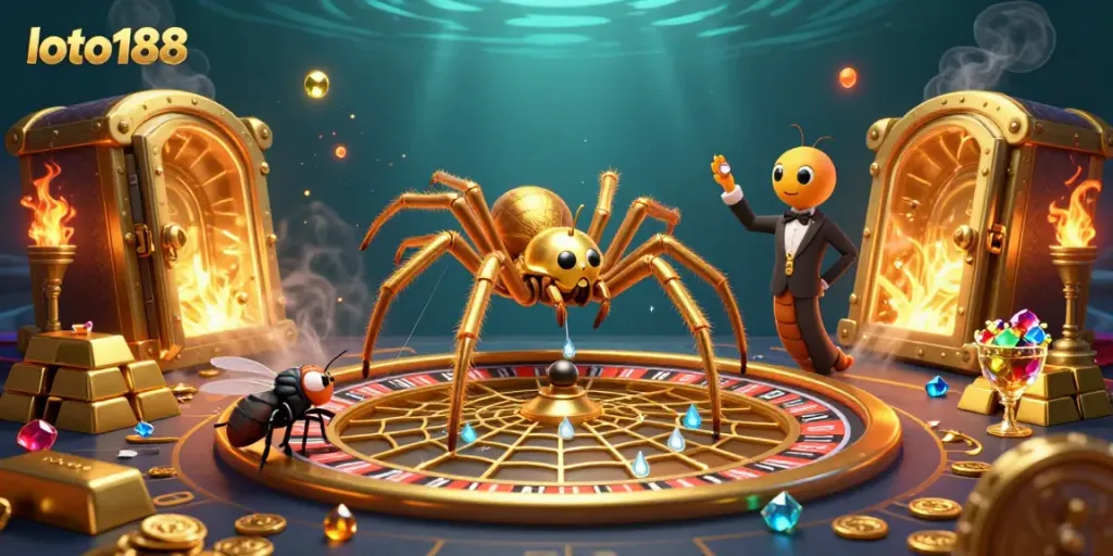 Engage with loto188 through this dynamic illustration showcasing a roulette wheel web and vibrant casino elements.