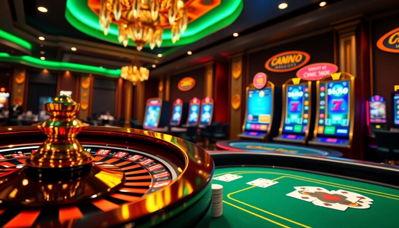 Cette image capture l'excitation d'un site de casino en ligne avec un environnement de jeu virtuel dynamique comprenant la roulette, le poker et les machines à sous.