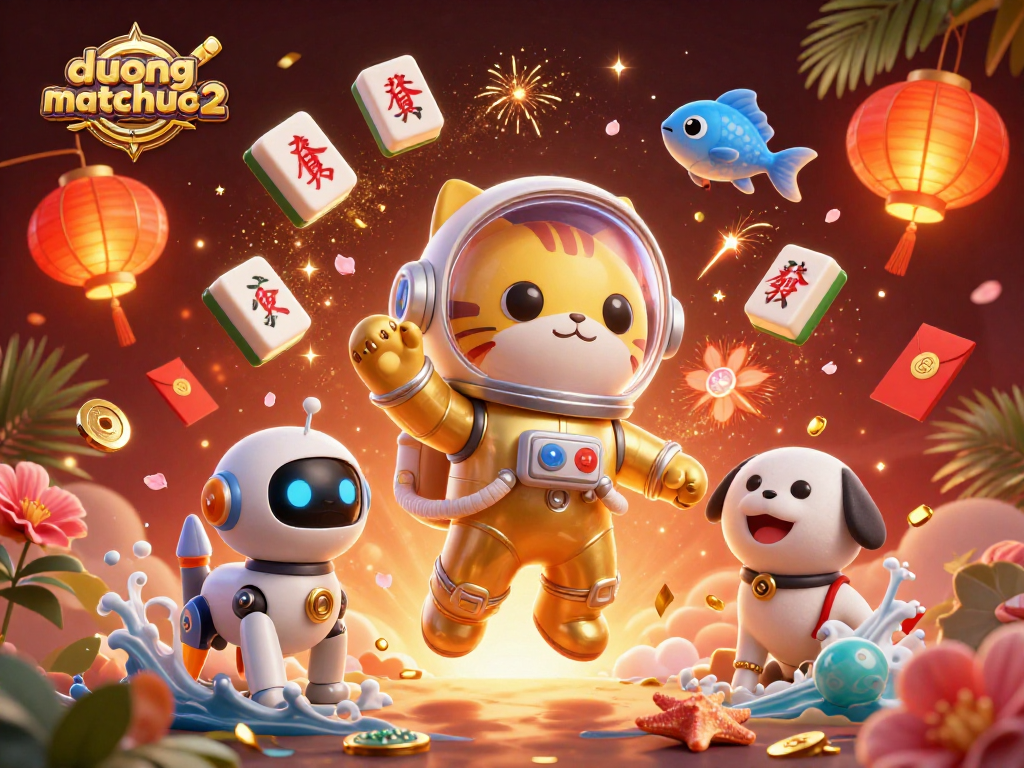 Engage with duongmatchuoc2's vibrant world, featuring a cartoon astronaut cat and dynamic mahjong elements.