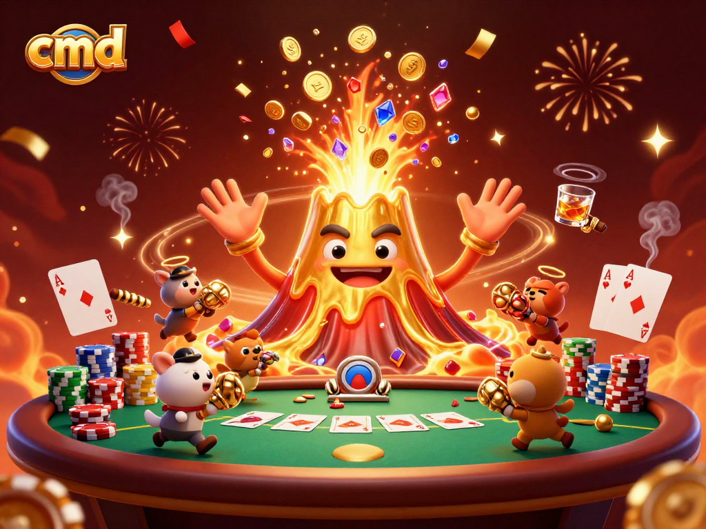 Engage with cmd in an exhilarating poker scene featuring a triumphant volcano and treasure-seeking animals.