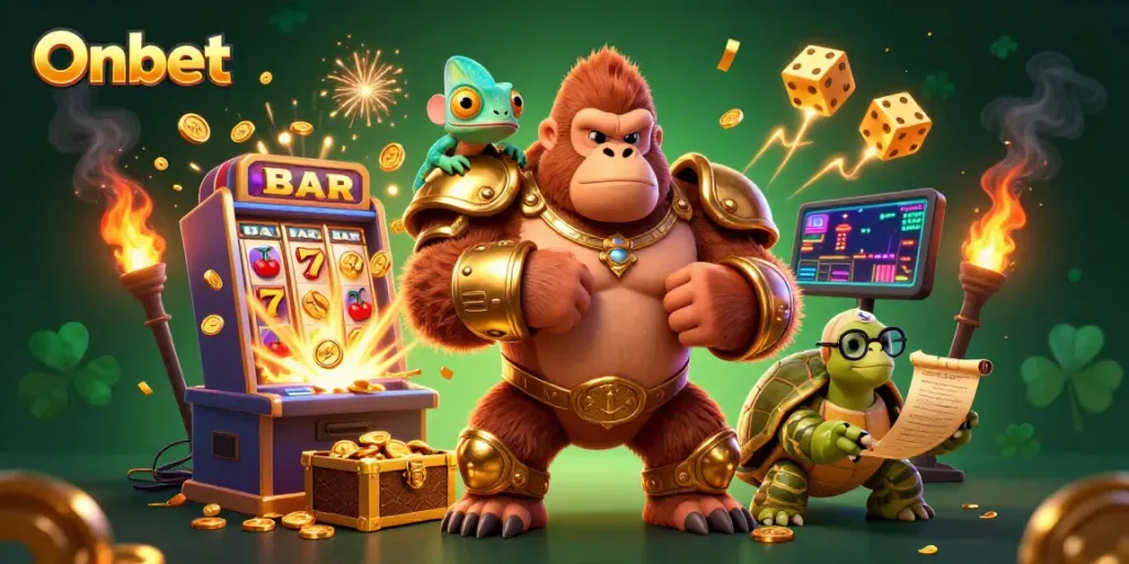 Experience thrilling moments and jackpots at Onbet with a powerful gorilla king and vibrant casino elements.
