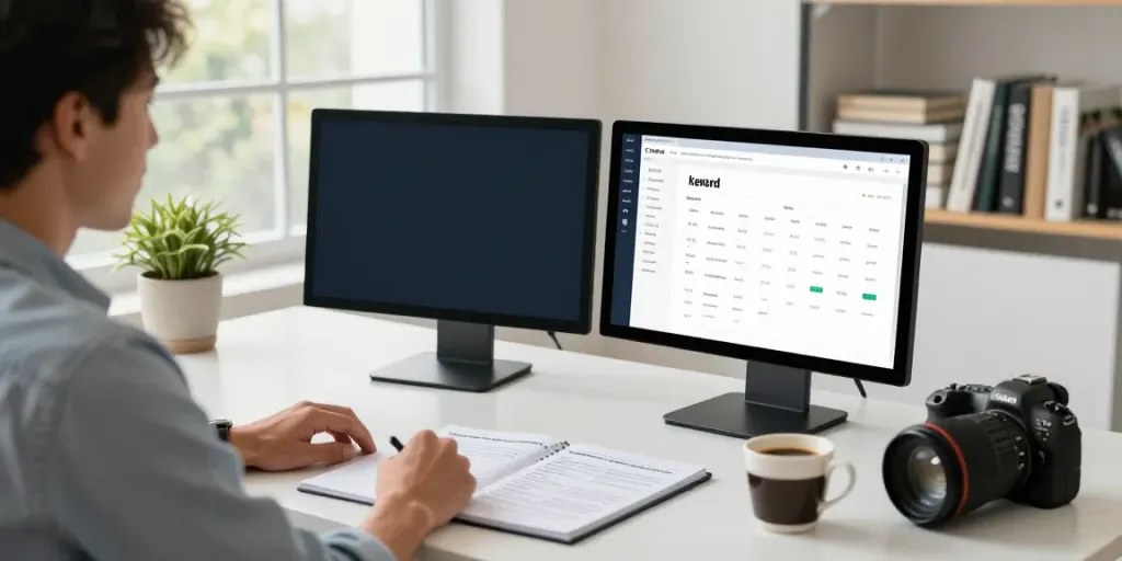 SEO link building blog workspace featuring an SEO strategist analyzing backlinks and keywords.