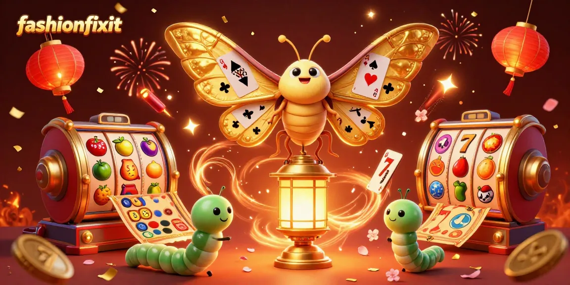Experience thrilling slots at fashionfixit with 3D golden moth and casino elements in a vibrant scene.
