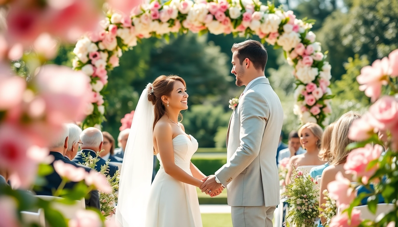 Experience a magical moment in wedding photography depicting a couple exchanging vows in a beautiful garden.