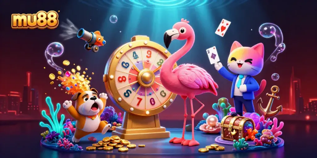 Experience thrilling gameplay with mu88 as the cartoon host spins the big prize wheel alongside excited contestants.
