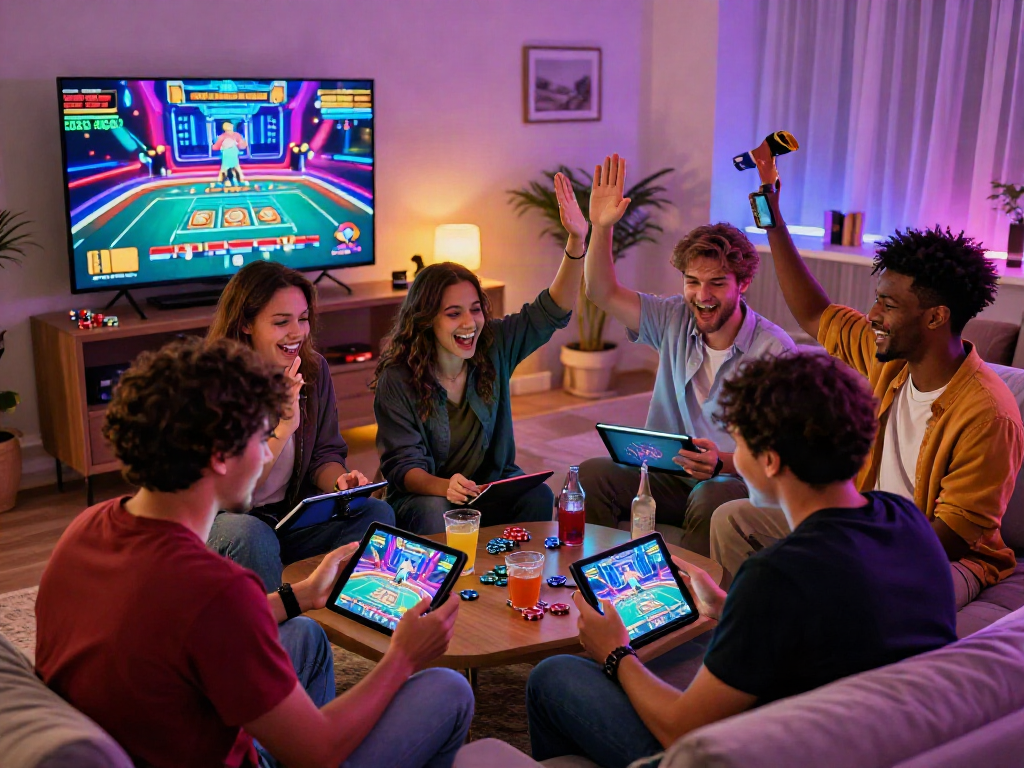 Friends enjoying a thrilling casino online game experience in a cozy living room, showcasing excitement and gaming graphics.