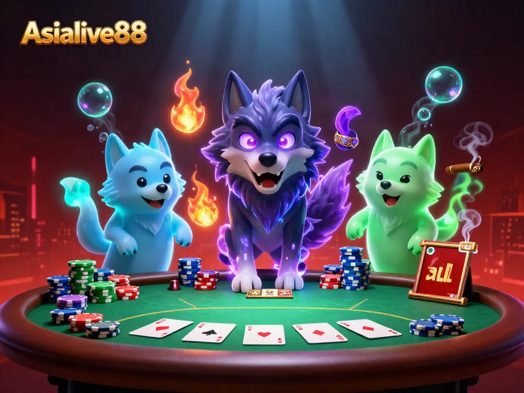 Experience thrilling gameplay at Asialive88 with iconic poker elements and dramatic wolf characters.