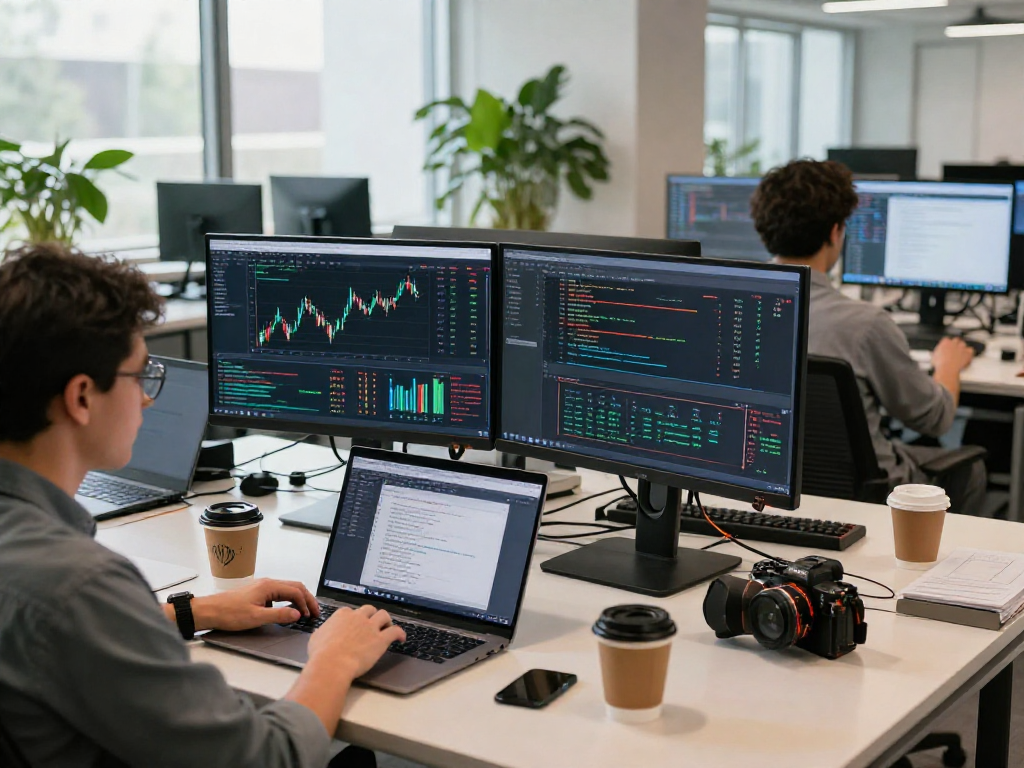 实时金融数据分析中的WebSocket金融推送API，开发人员在现代办公室中协作。