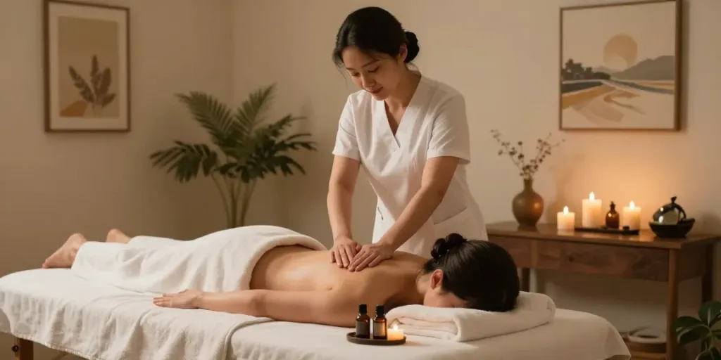 Relaxing 관악구출장안마 session in a serene home spa setting.