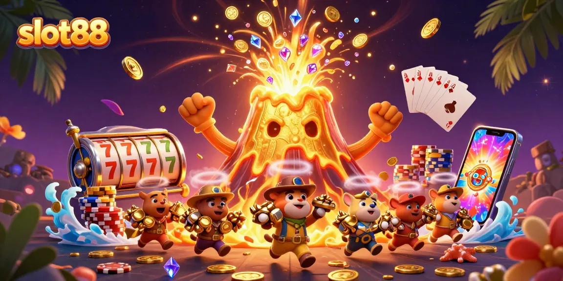 Experience thrilling gameplay with slot88, featuring a vibrant eruption of coins and treasures in a casino-inspired scene.