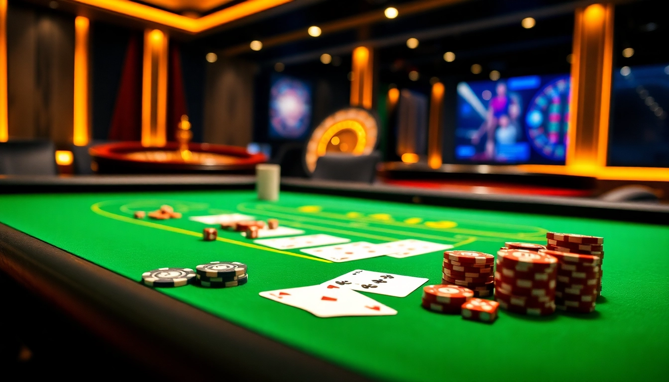 Action engageante sur un site de casino en ligne avec des jetons de poker et des cartes sur la table
