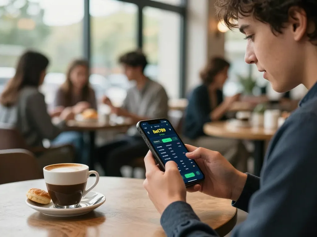 Engage with bet789 app for live sports betting at a café, enjoying coffee and pastries.