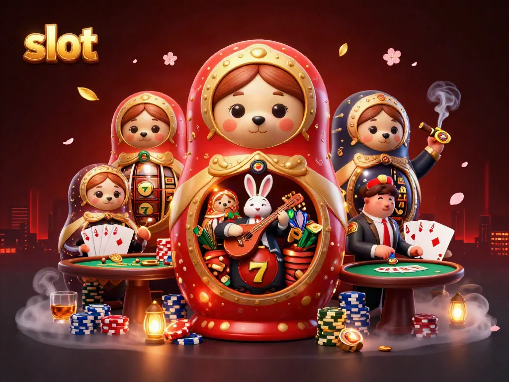 Engage with vibrant 3D slots and casino characters in a dynamic, colorful illustration.