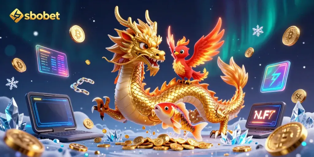 Engage with sbobet sports betting, featuring a dynamic scene with dragon, phoenix, and koi fish amidst crypto elements.
