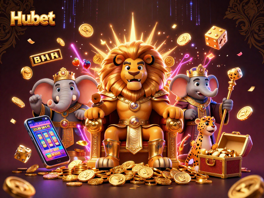 Engage with Hubet's vibrant 3D casino experience showcasing a king, elephant, and cheetah amidst exciting game elements.