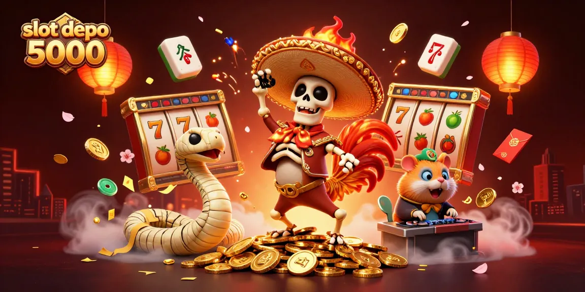 Spin to win with slot depo 5000 as our skeleton mariachi enjoys fortune on golden coins!