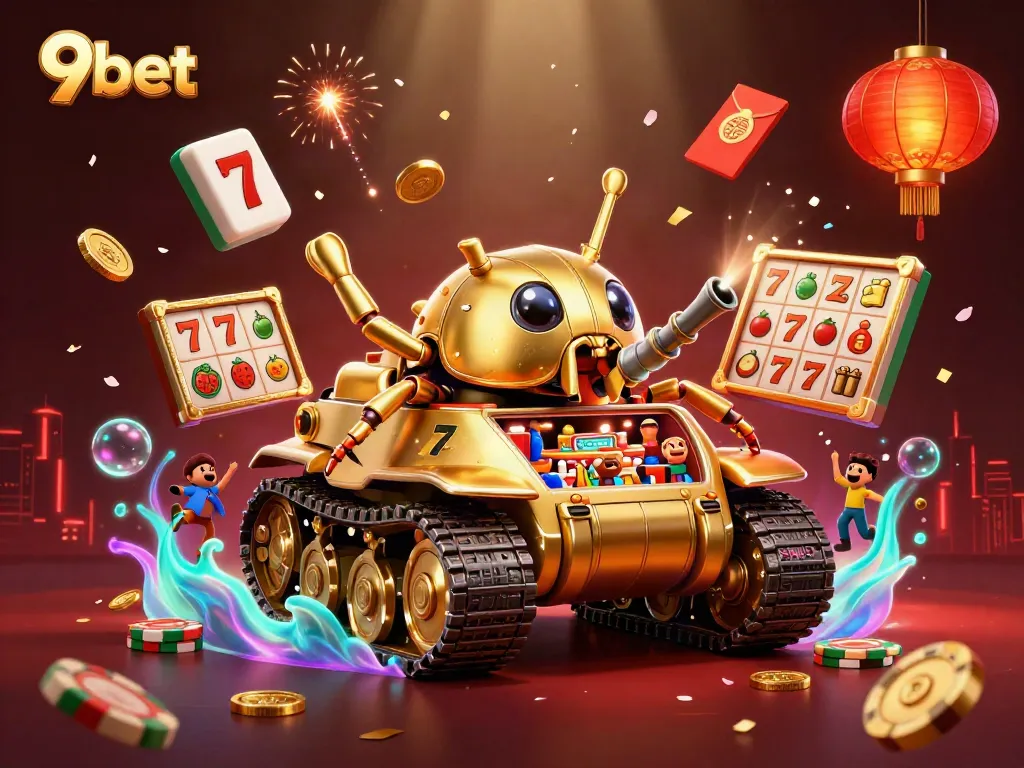 Experience thrilling gameplay at 9bet with a golden beetle tank casino surrounded by slots and festive elements.