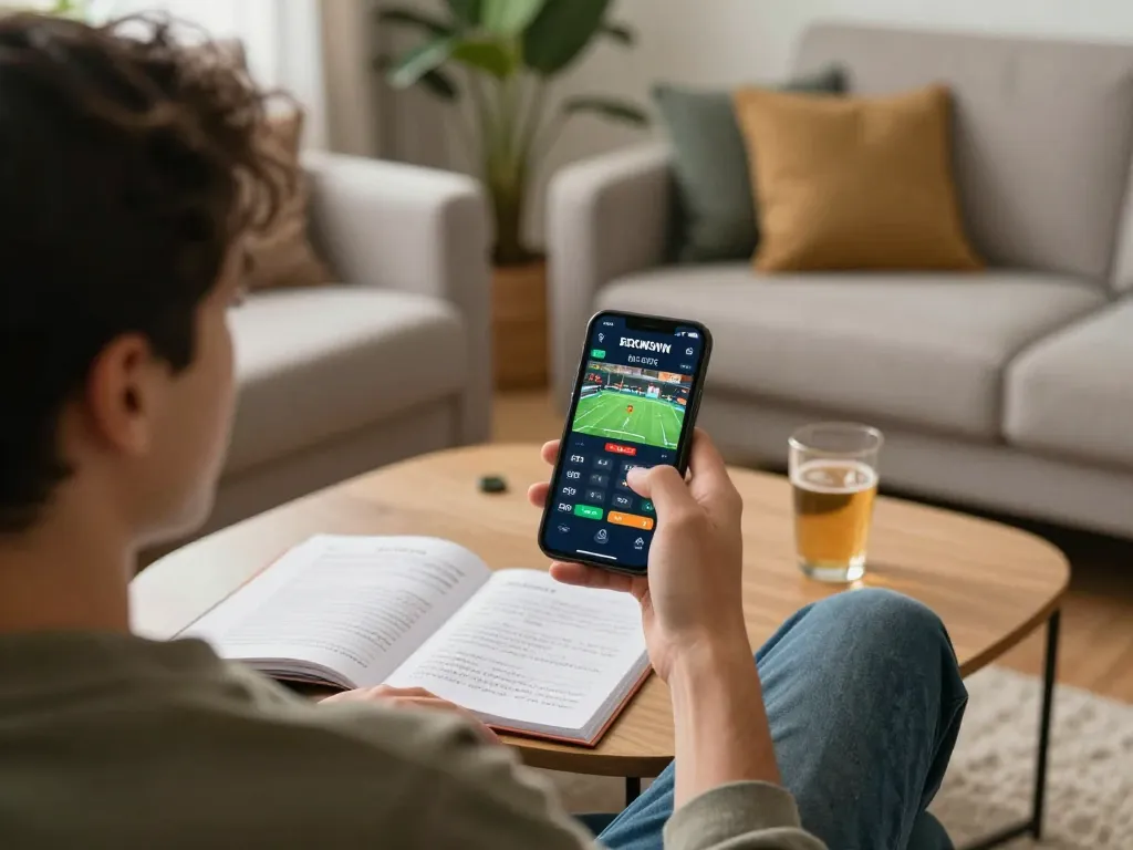 Engaging moment of sports betting on 388bet app during cozy home gaming session