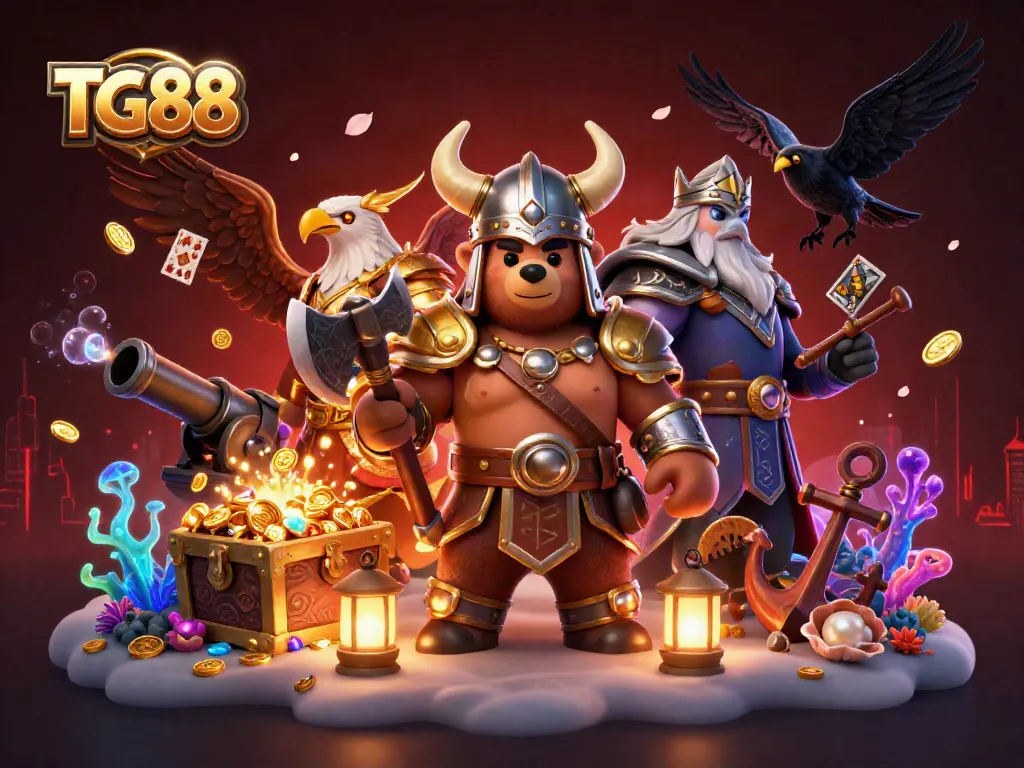 Experience the excitement of TG88 with a vibrant 3D illustration of a Viking bear and Valkyrie eagle in an exhilarating casino scene.