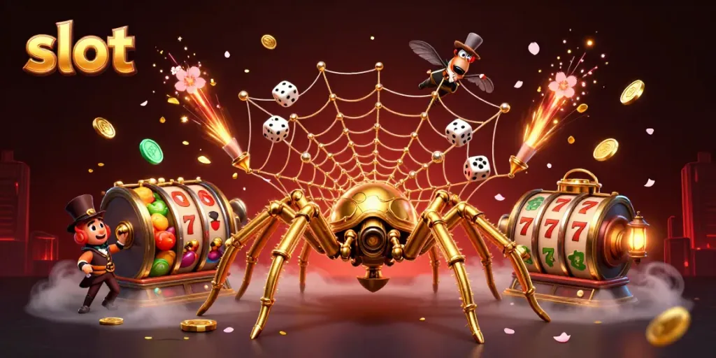 Experience thrilling slot action with a steampunk spider capturing lucky symbols in a vibrant casino scene.