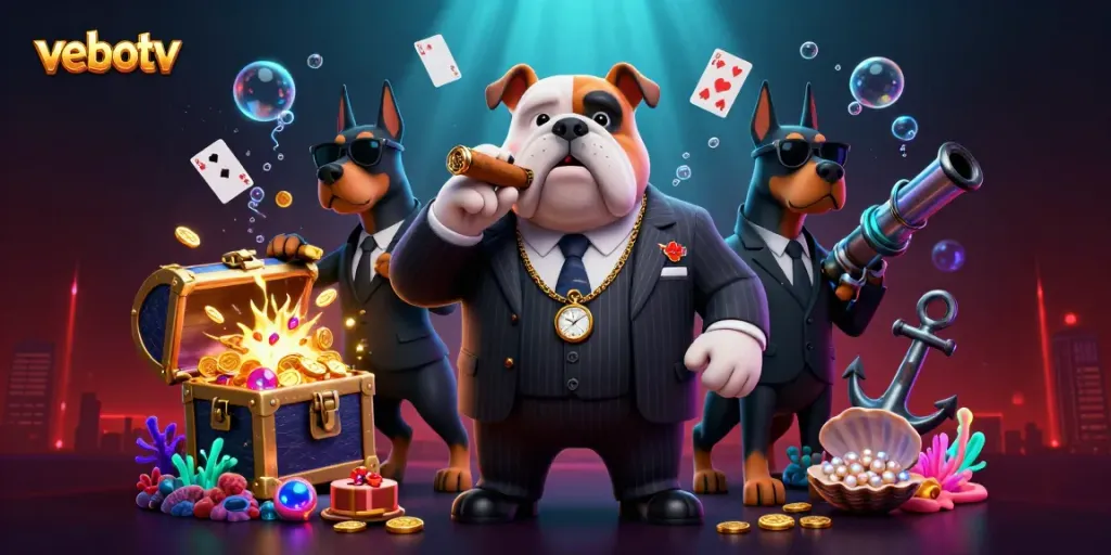 Experience thrilling action with vebotv's charismatic mafia bulldog and bodyguards amid a vibrant casino scene.