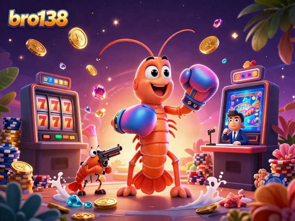 Spin thrilling games at bro138 with a dynamic scene of casino characters and slot machines!