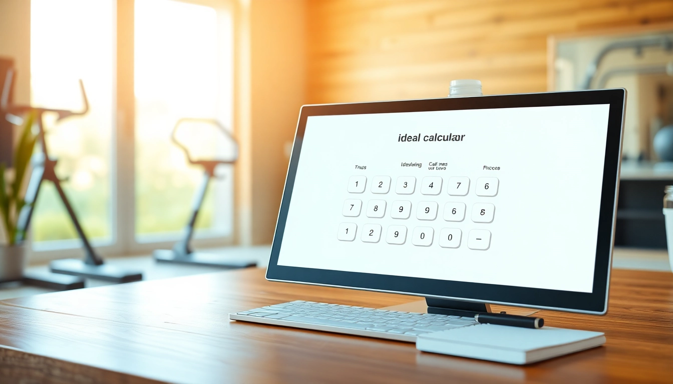 Calculate your ideal weight calculator on a sleek interface in a bright fitness environment.