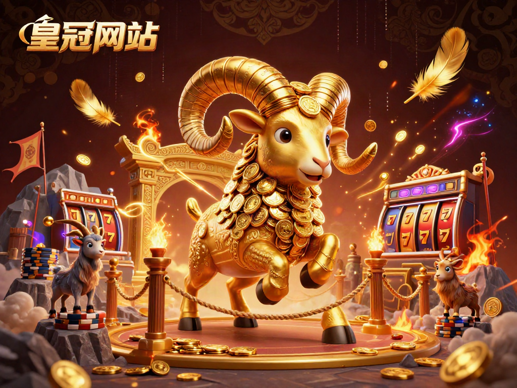 在皇冠网址的游戏场景中，金色的公羊象征着财富与胜利，周围环绕着金币和旋转的羽毛。