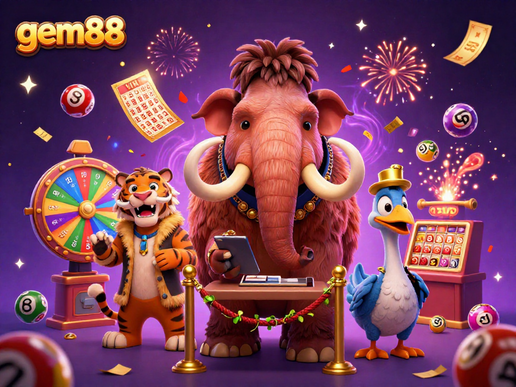 Experience gem88's vibrant casino scene with a woolly mammoth bouncer and saber-tooth tiger guest.
