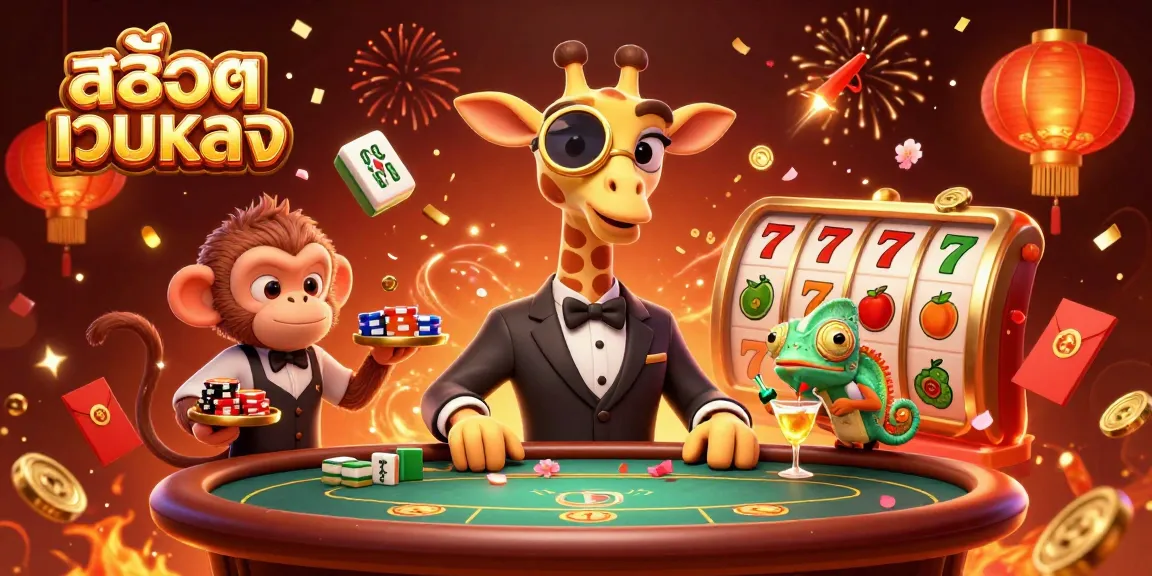 Experience thrilling slots with สล็อตเว็บตรง in this vibrant casino scene featuring a high-roller giraffe.
