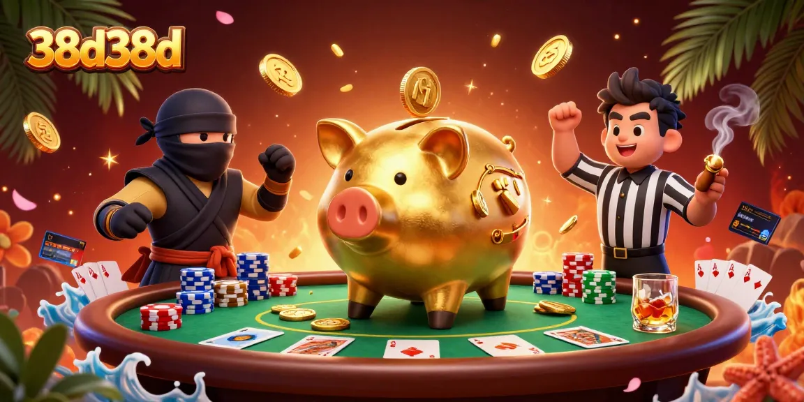 Engage with 38d38d in a dynamic 3D illustration featuring a golden piggy bank sumo wrestler.