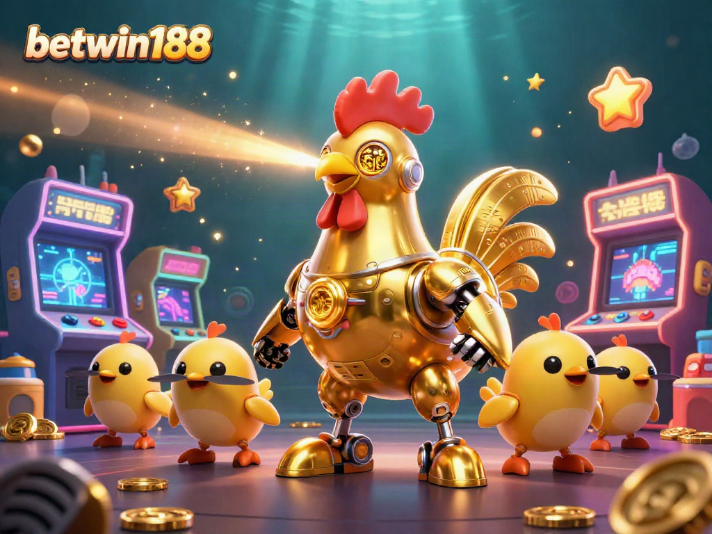 Engage with betwin188 and experience a stunning illustration of a golden rooster robot in a colorful arcade casino.